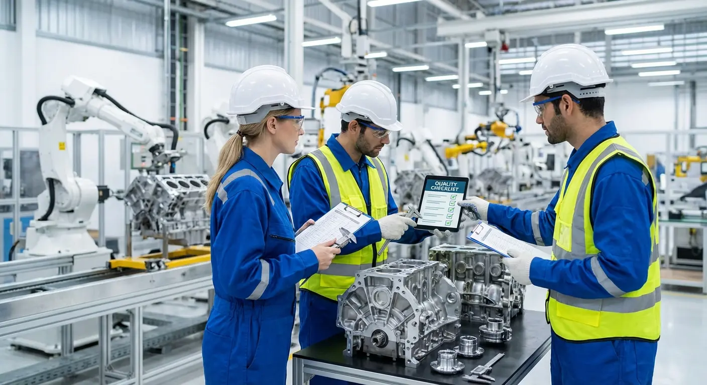 Diagrama de engranajes interconectados mostrando ISO 9001 como base con AS9100 y IATF 16949 vinculando proveedores a un OEM automotriz